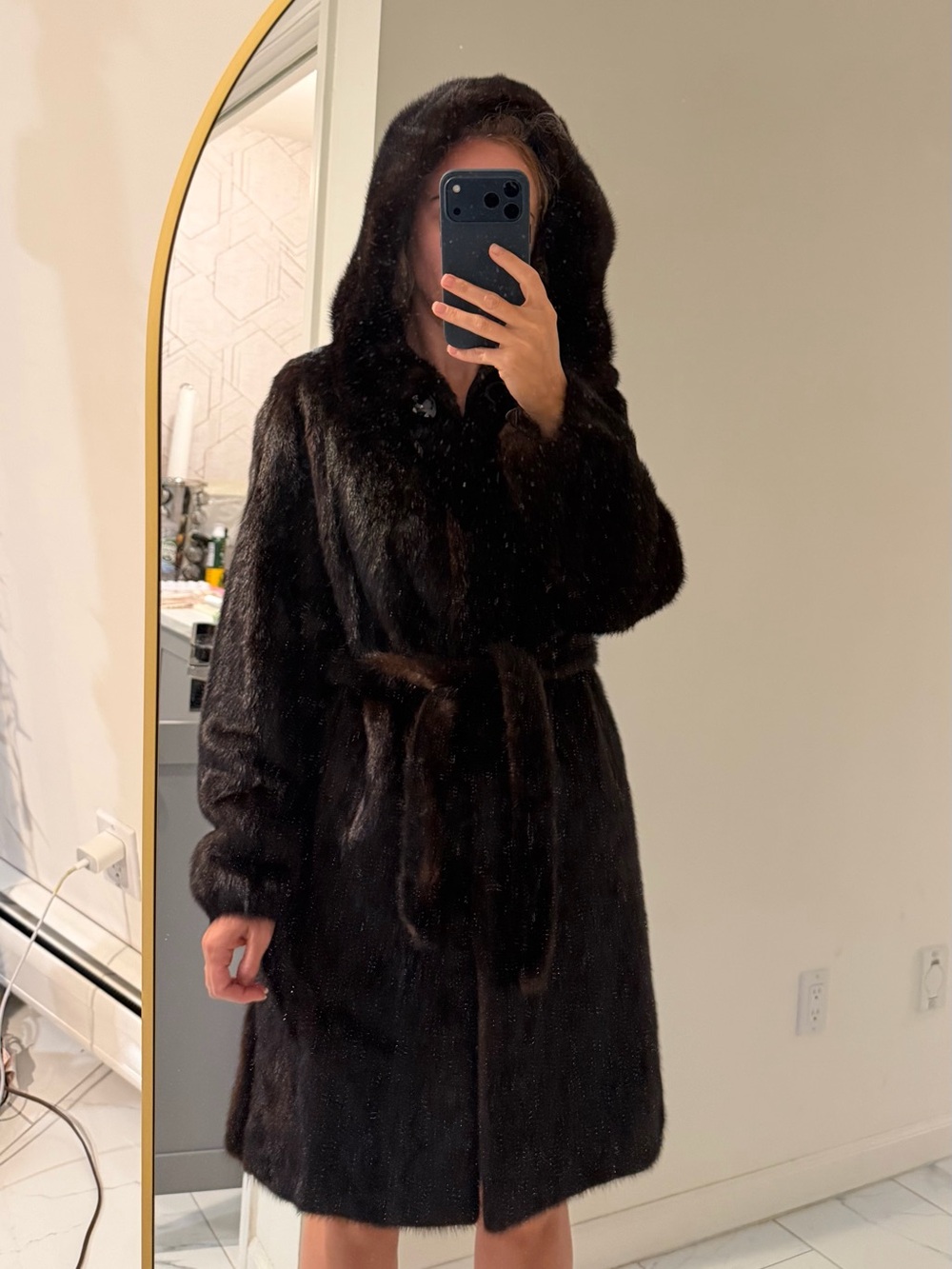 Genuine Mink Fur Hooded Coat Brown Size S ⭐️